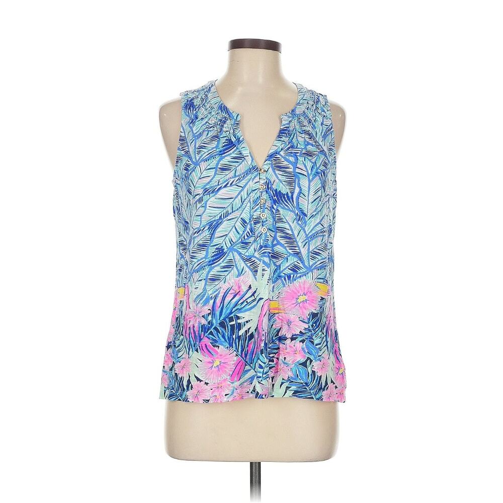 NWOT Lilly Pulitzer Essie V-Neck Top Let's Mango Toucan Palm Print Sz M